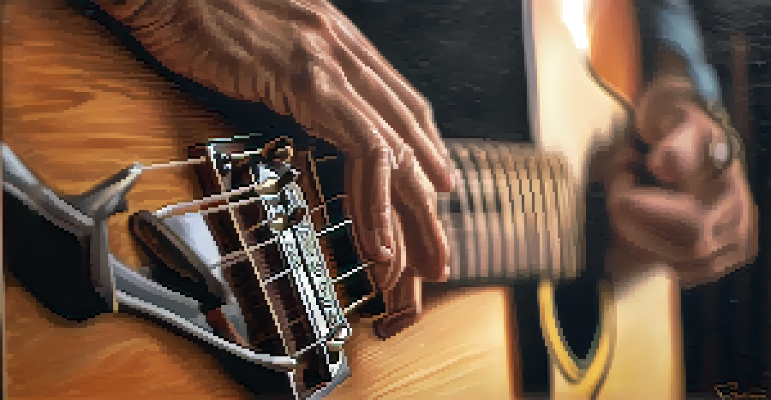 Close-up of hands playing a guitar, showing intricate details of the strings and a passionate expression.