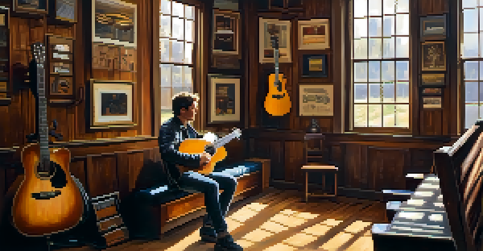 A musician in a cozy music shop trying out an acoustic guitar, with various guitars displayed on the walls and warm lighting.