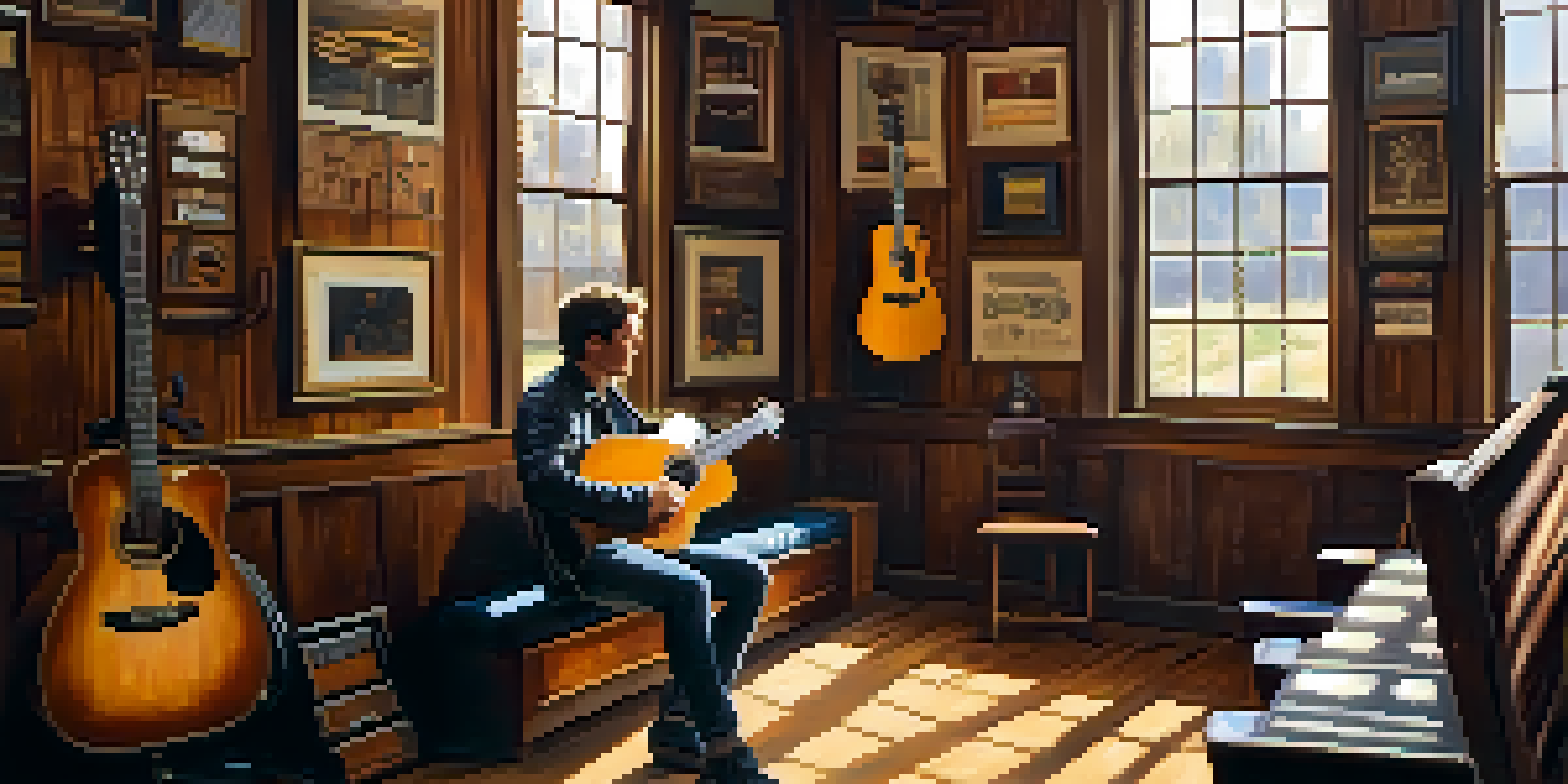A musician in a cozy music shop trying out an acoustic guitar, with various guitars displayed on the walls and warm lighting.