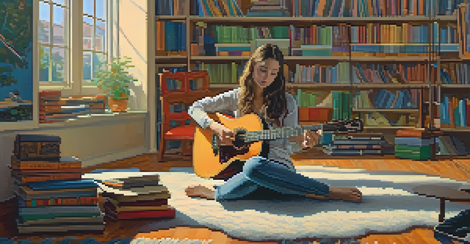 A young woman playing an electric guitar in a cozy indoor setting surrounded by books and artwork.