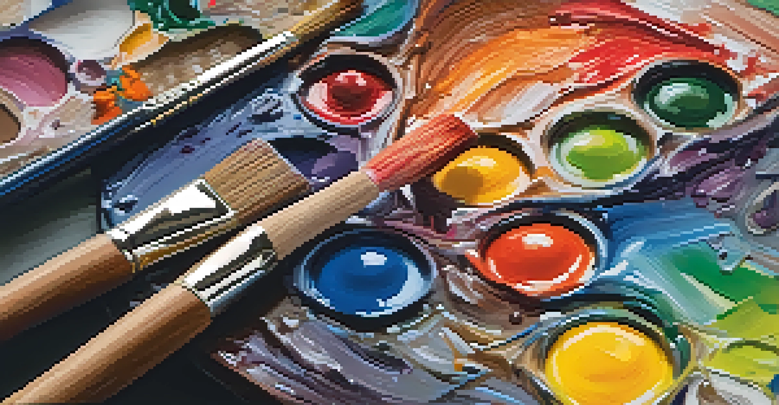 A close-up of an artist's palette with various colorful paints and a brush.