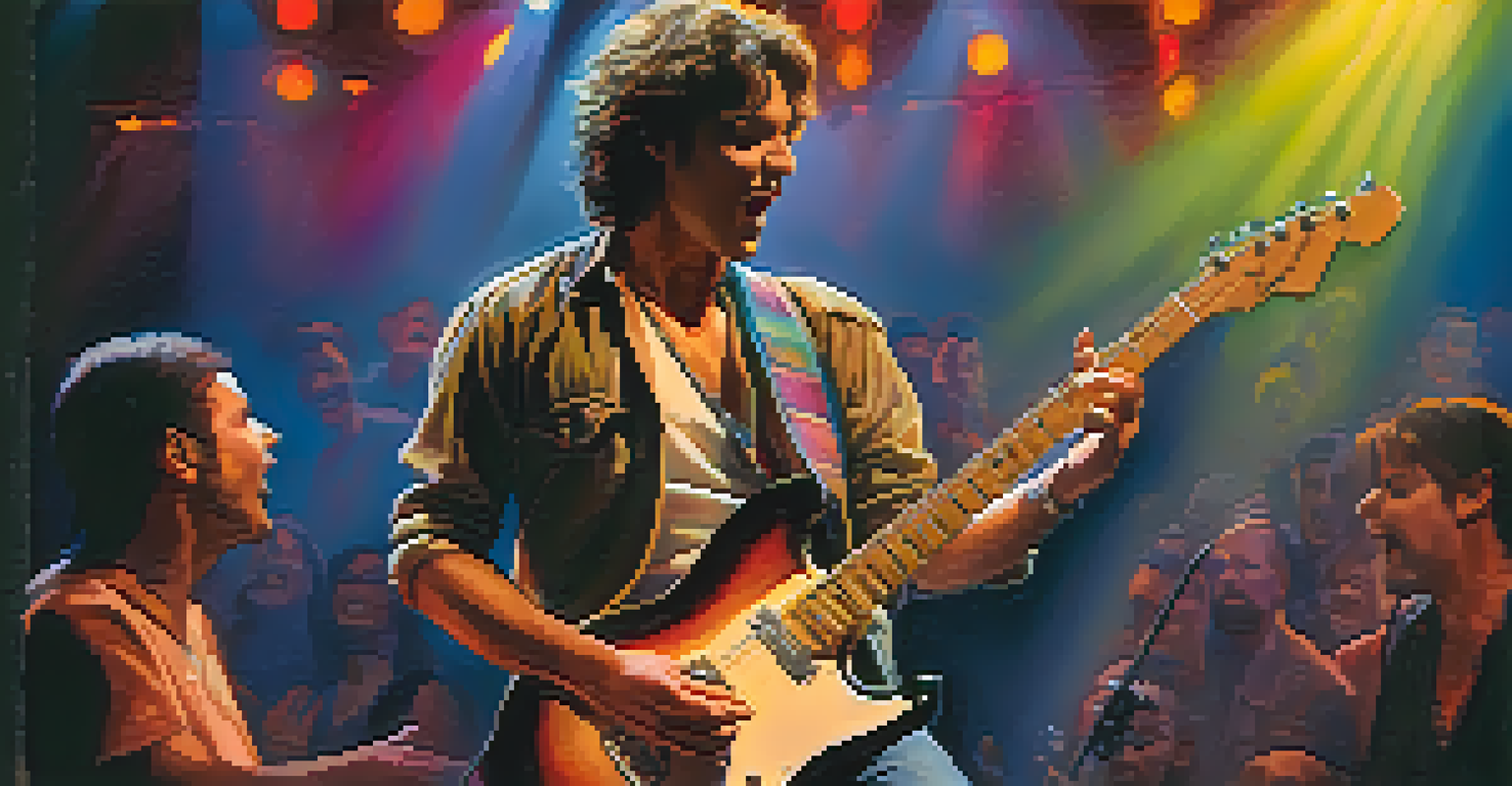 A guitarist performing passionately on stage with colorful lights and an enthusiastic audience in the background.