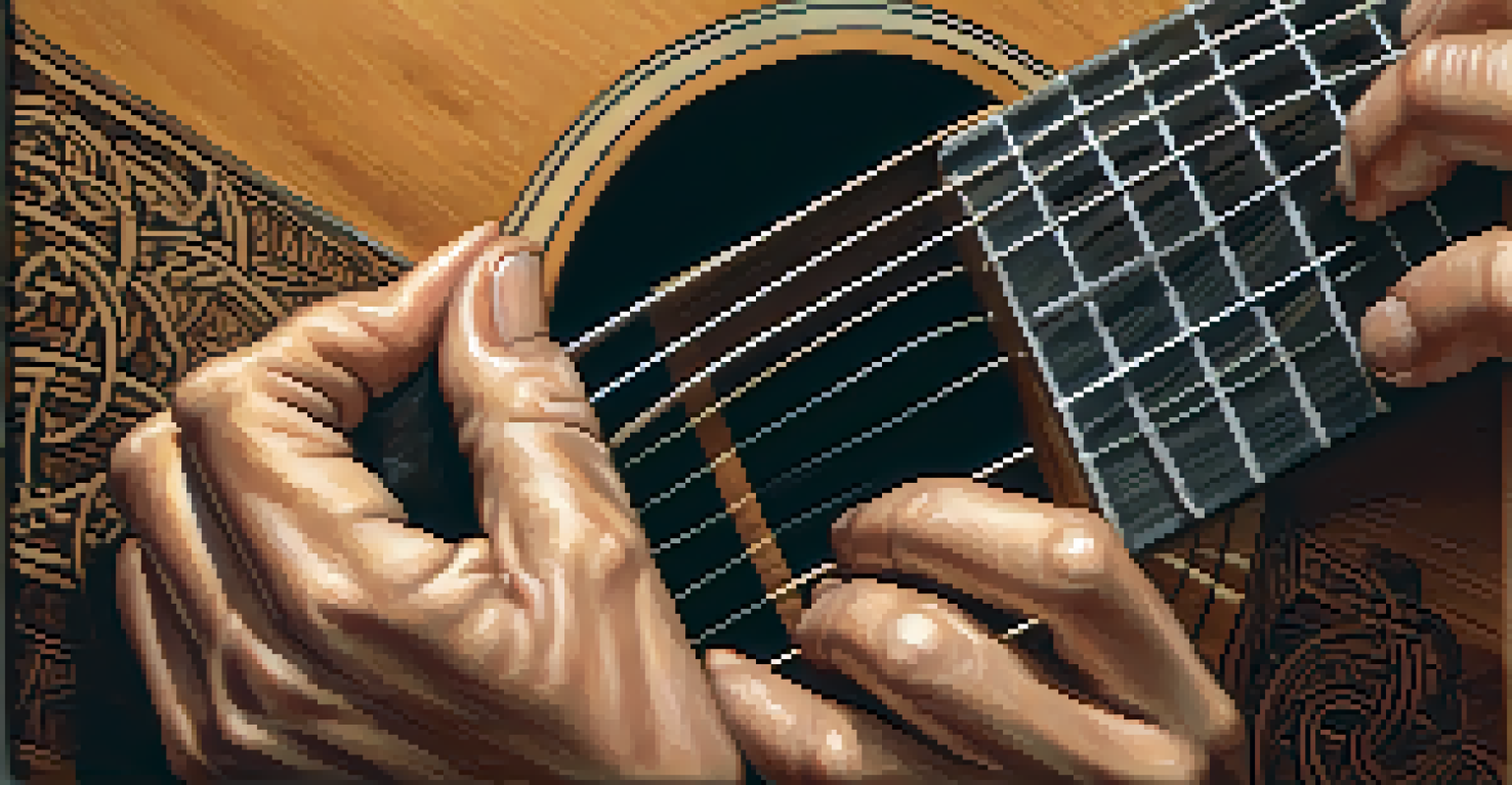 Close-up of a guitarist's hands playing fingerstyle on an acoustic guitar with a Celtic knot background.