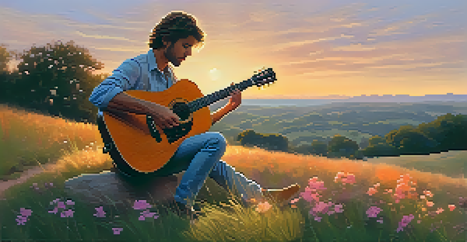 A guitarist sitting on a grassy hill at sunset, playing a guitar amidst wildflowers, creating a peaceful atmosphere.