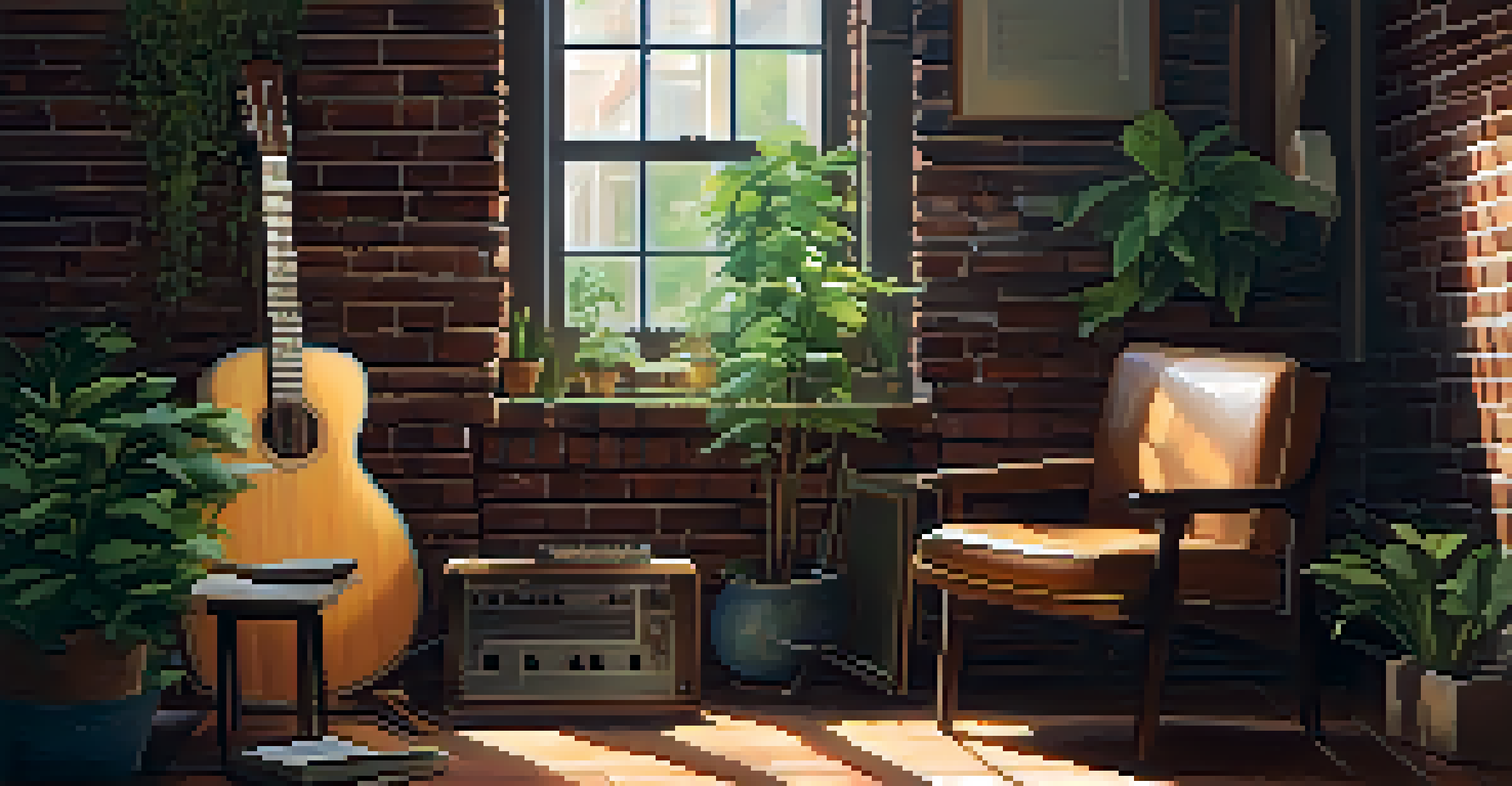 A cozy room with a wooden guitar against a brick wall, plants around, and soft lighting from a window, inviting creativity.