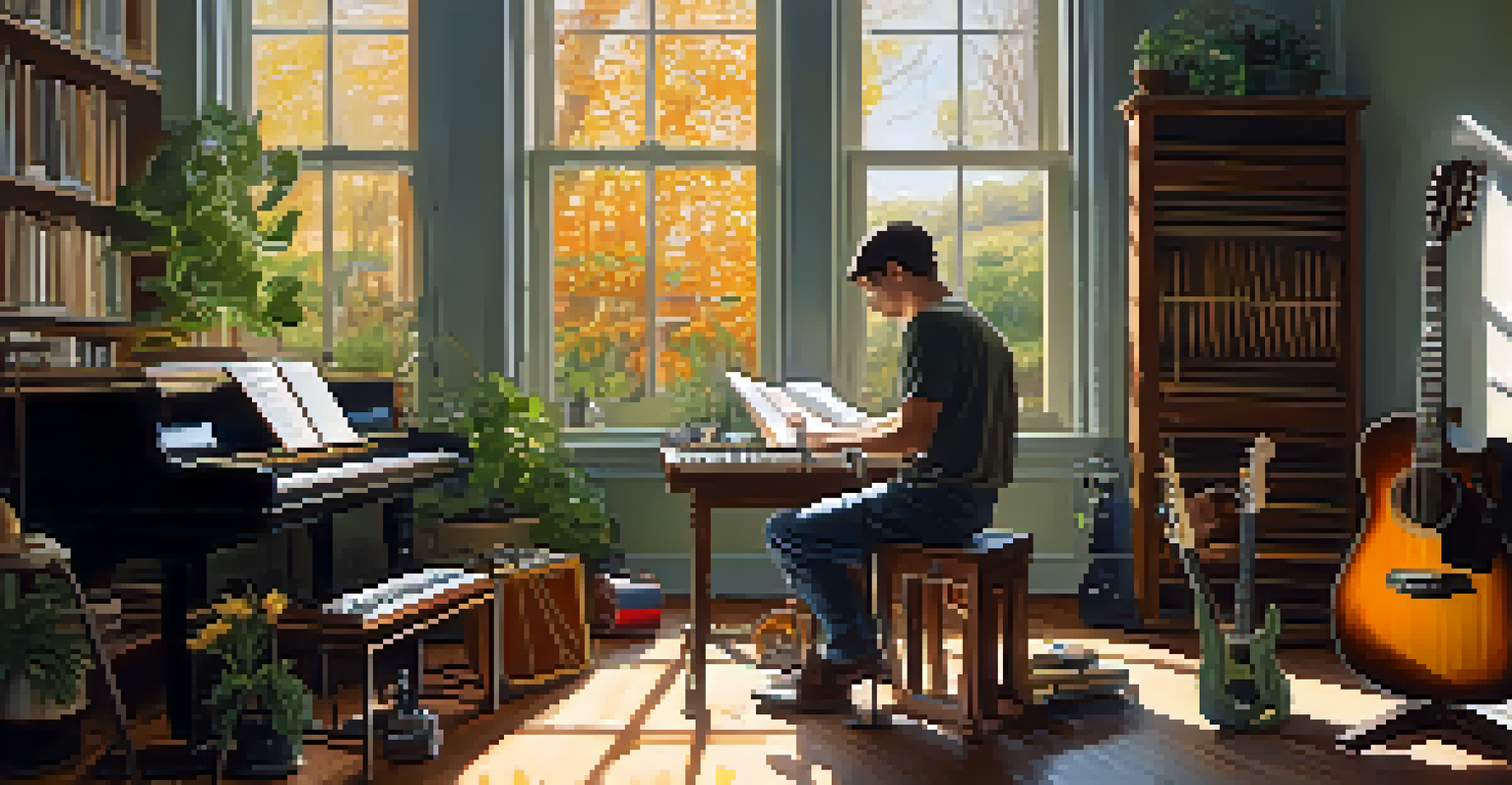 An artist in a sunlit room filled with musical instruments and a notebook, with sunlight casting a warm glow and plants in the background.