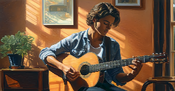 A person practicing guitar indoors in a cozy setting with warm lighting, focusing on their hands on the fretboard and musical notes in the air.
