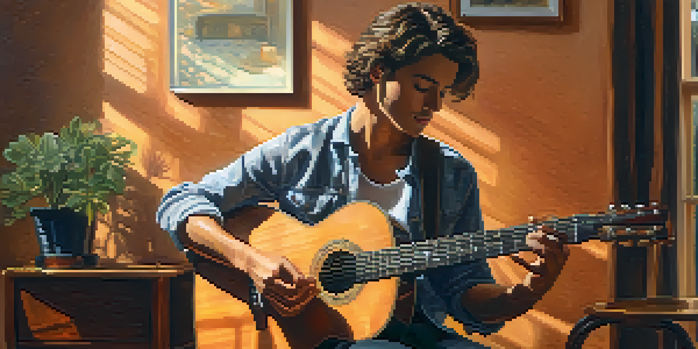 A person practicing guitar indoors in a cozy setting with warm lighting, focusing on their hands on the fretboard and musical notes in the air.
