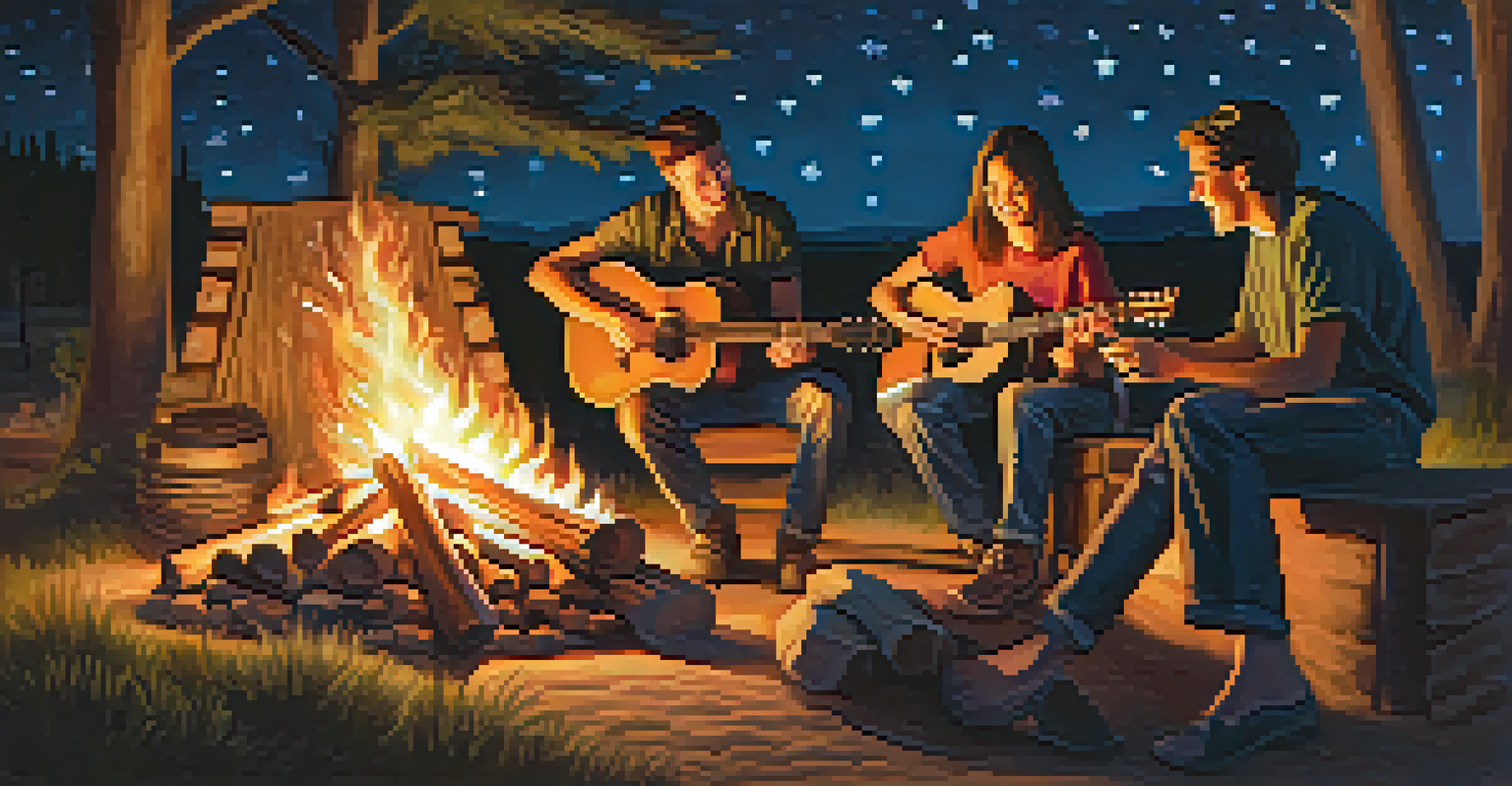 Friends gathered around a campfire at night, enjoying music as one person plays guitar, illuminated by the warm fire glow.