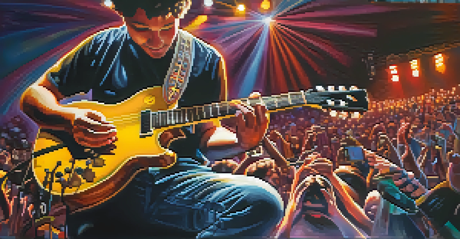 A musician changing guitar strings on stage, with colorful stage lights and a blurred audience in the background.