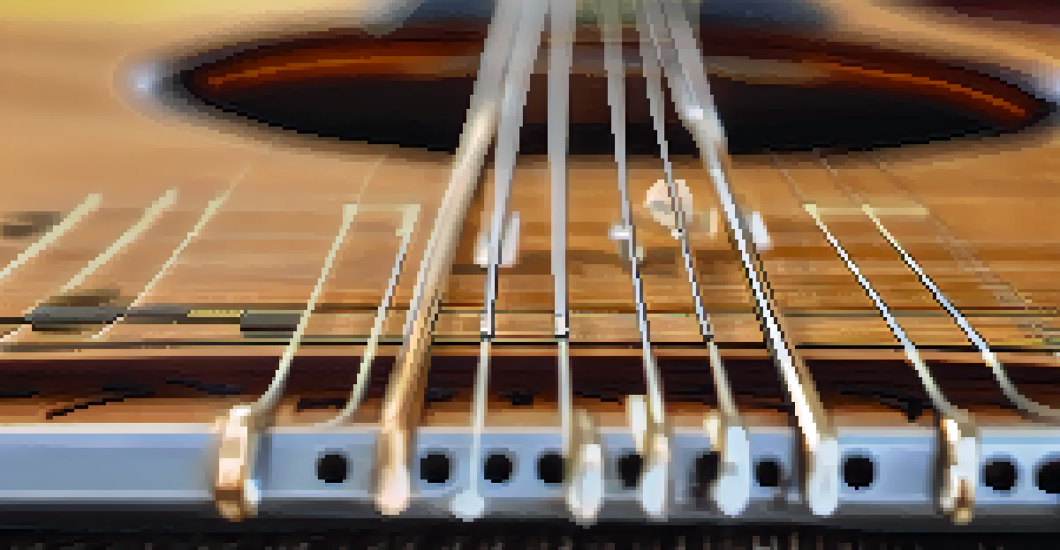 Close-up of a guitar fretboard with fingers in Open C tuning, illuminated by soft lighting.
