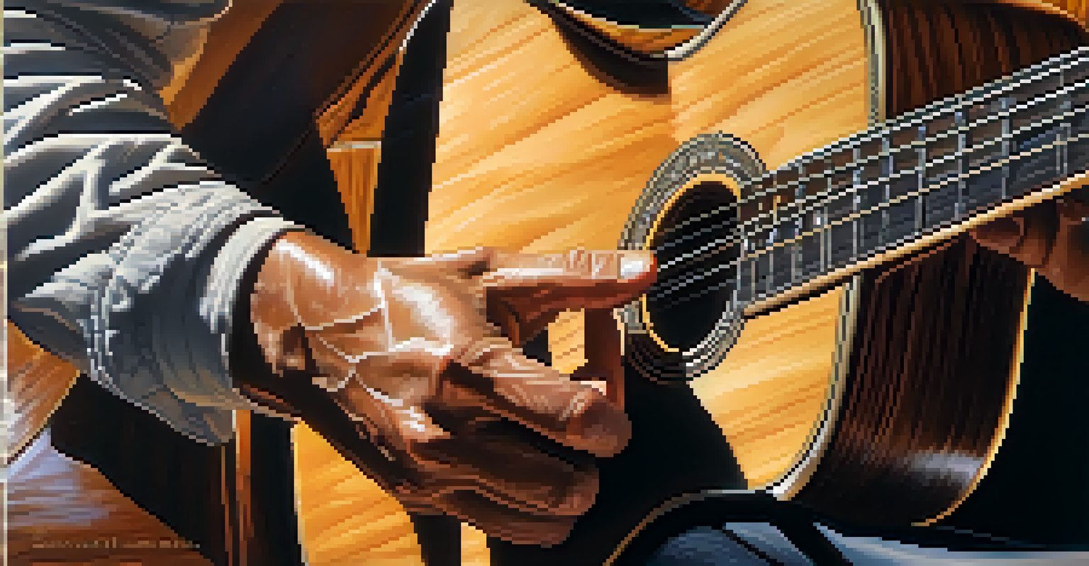 A close-up of a guitarist's hands playing an acoustic guitar with intricate fingerstyle techniques.
