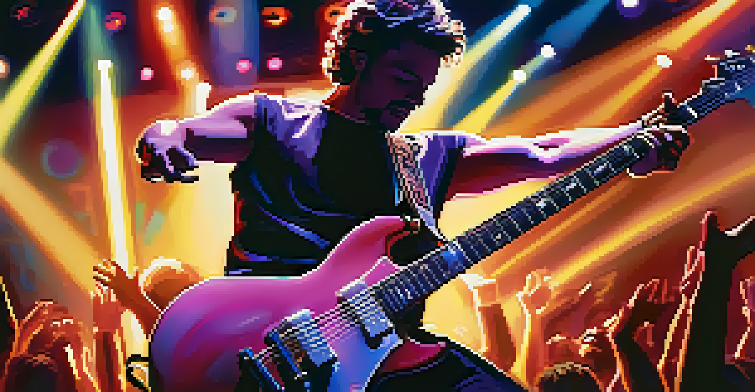 An electric guitarist on stage with colorful lights and an excited crowd during a live concert.