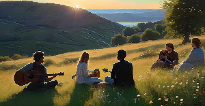 A folk musician playing guitar on a hillside at sunset, surrounded by an attentive audience and wildflowers.
