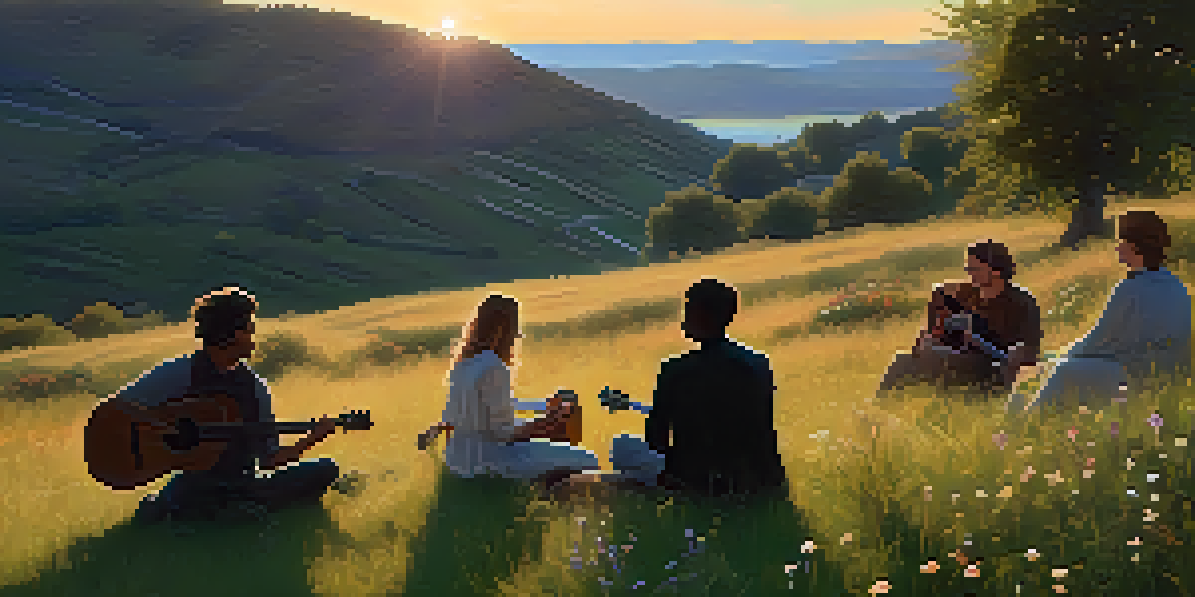 A folk musician playing guitar on a hillside at sunset, surrounded by an attentive audience and wildflowers.