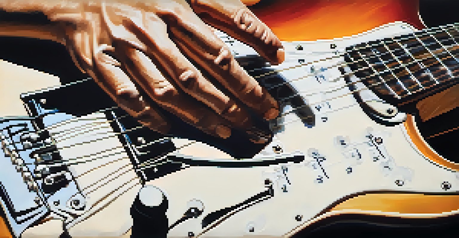 Close-up of a guitarist's hands playing a minor pentatonic scale on an electric guitar, with sheet music in the background.
