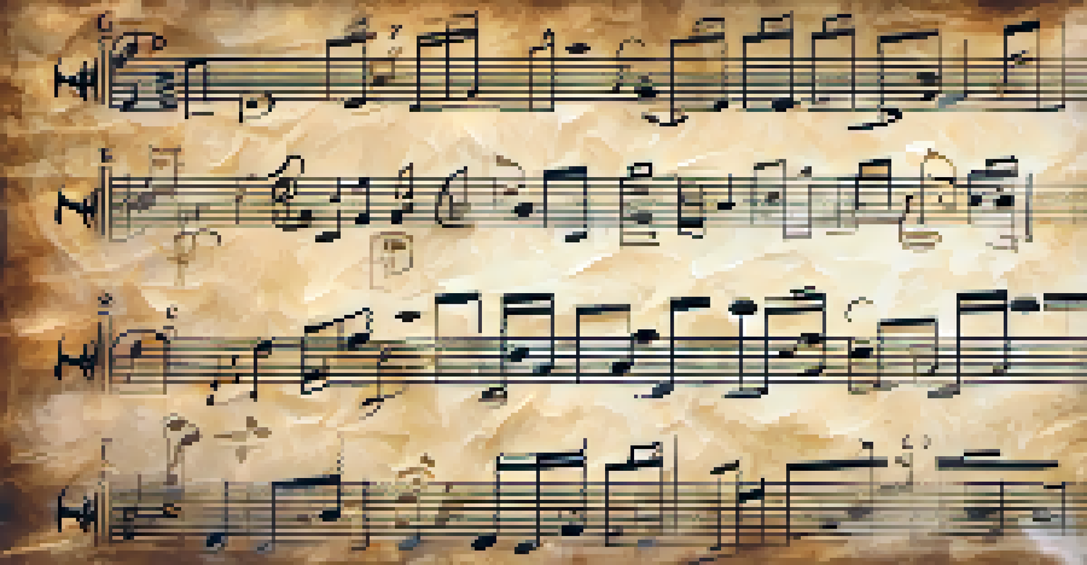 A jazz chord progression sheet with musical notes and chords arranged on aged parchment paper, set against a soft bokeh background of a jazz club.