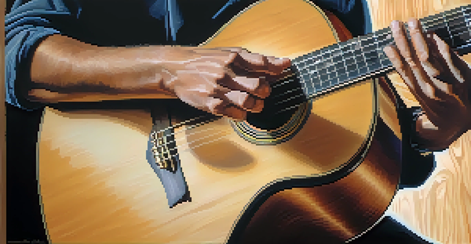 A close-up of hands playing an acoustic guitar with intricate fingerpicking patterns, highlighted by warm lighting.