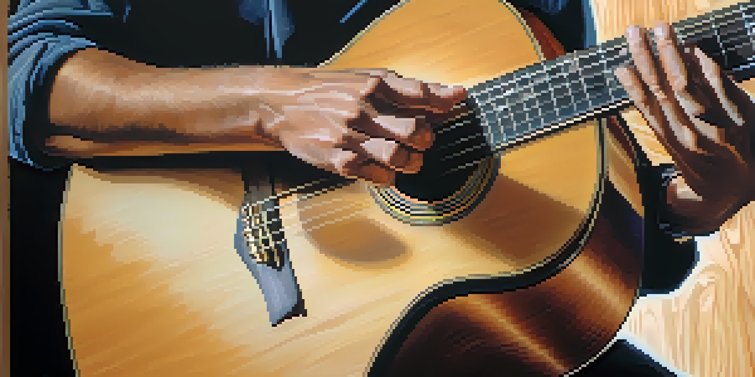 A close-up of hands playing an acoustic guitar with intricate fingerpicking patterns, highlighted by warm lighting.