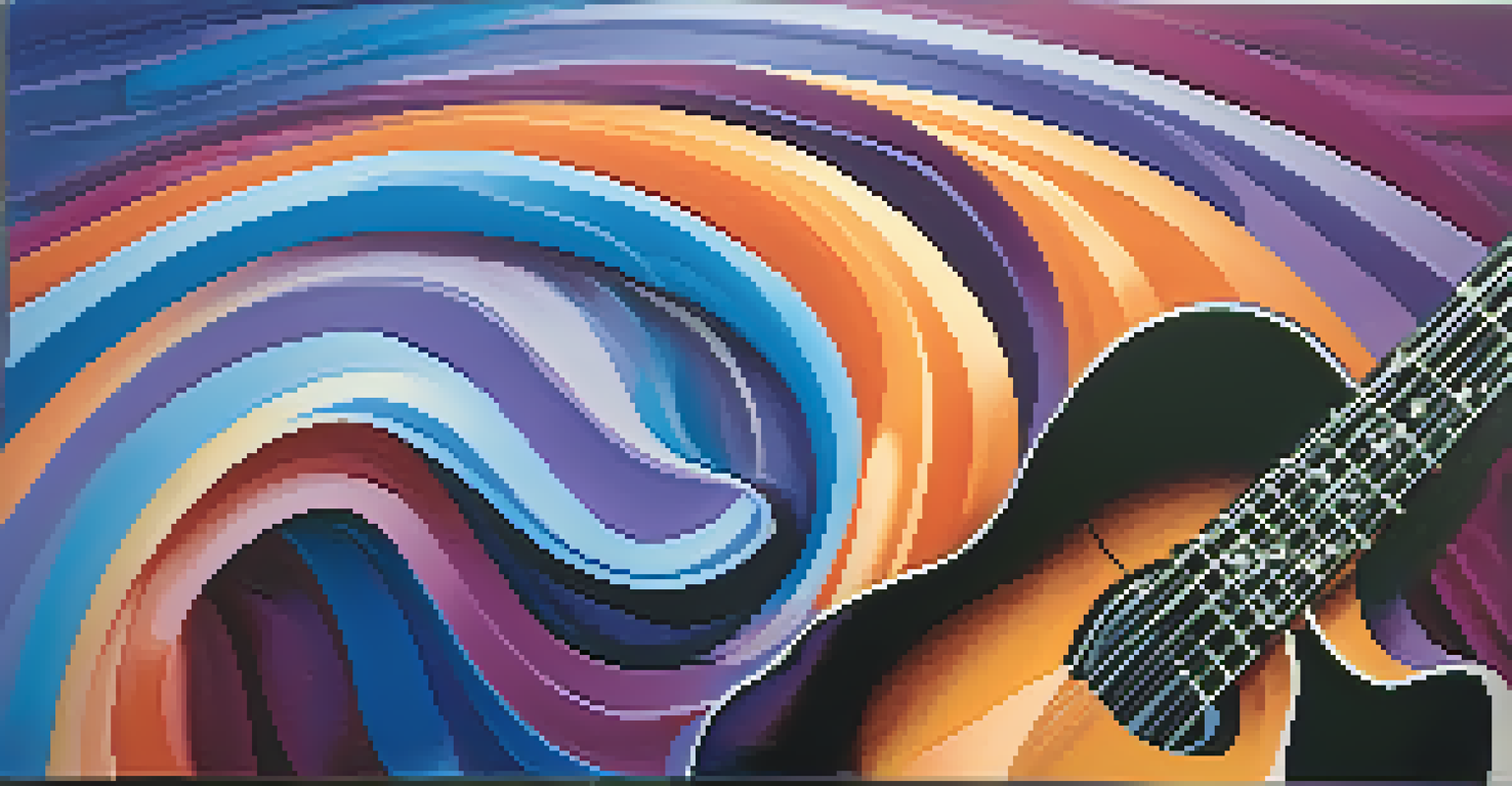An artistic illustration of musical scales as colorful waves flowing from a guitar against a gradient blue and purple background.