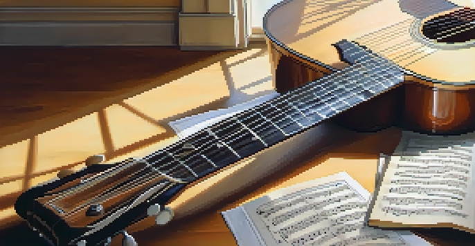A close-up of an acoustic guitar on a wooden table, accompanied by sheet music and a pencil, illuminated by soft natural light.