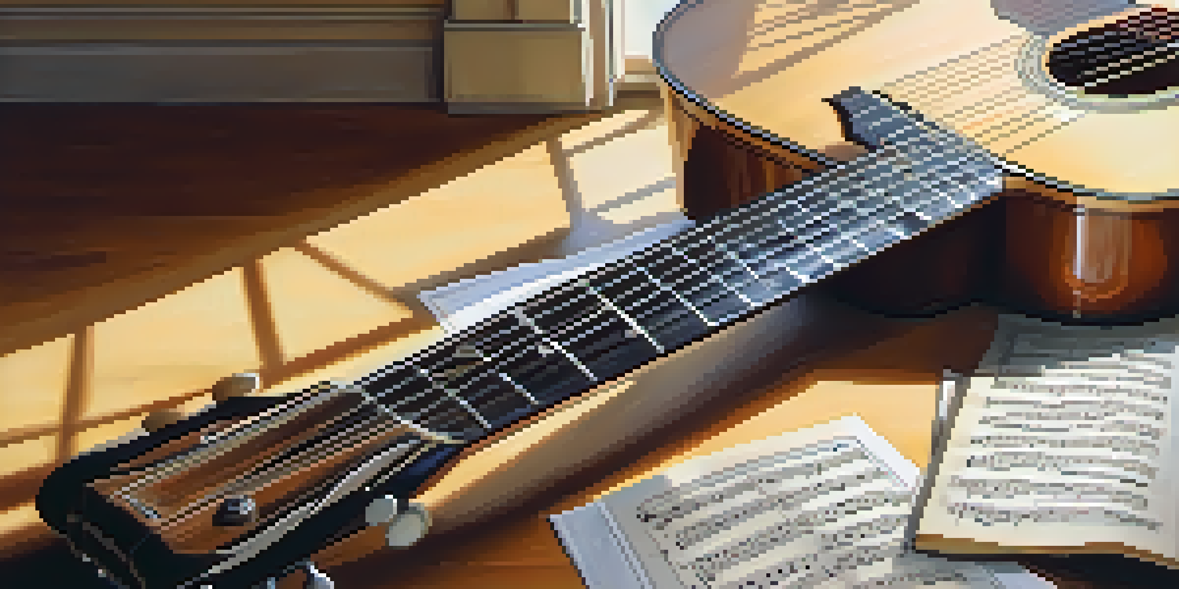 A close-up of an acoustic guitar on a wooden table, accompanied by sheet music and a pencil, illuminated by soft natural light.