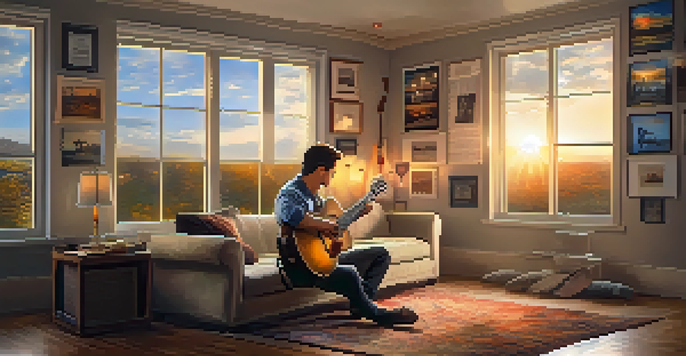 A guitarist in a cozy room with musical notes floating around, illuminated by warm light during sunset.