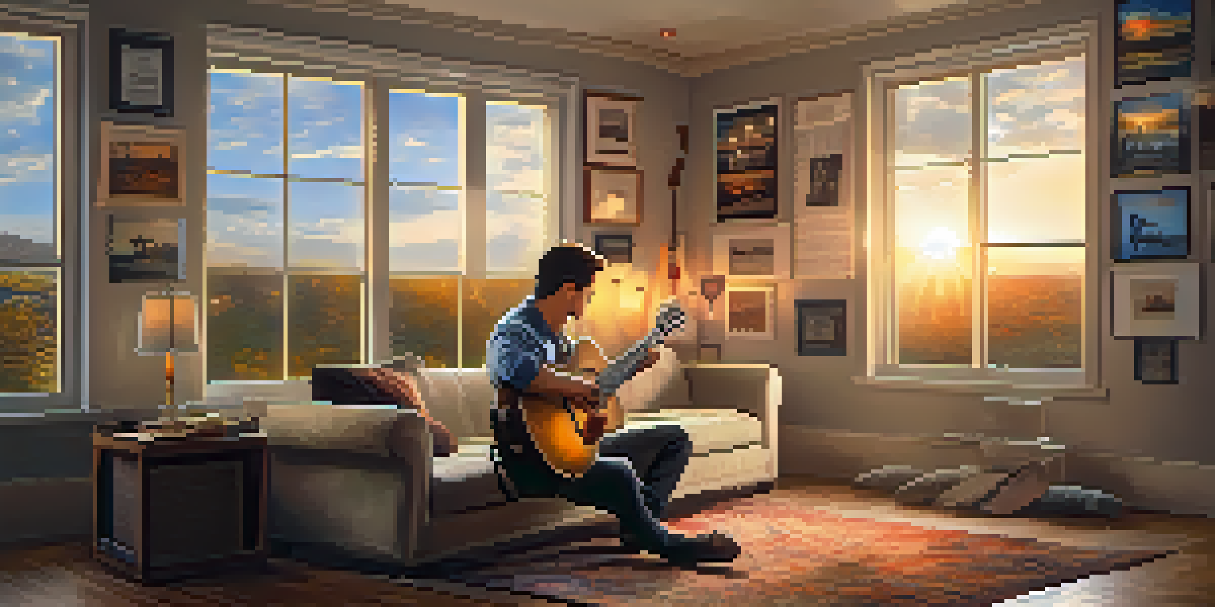 A guitarist in a cozy room with musical notes floating around, illuminated by warm light during sunset.
