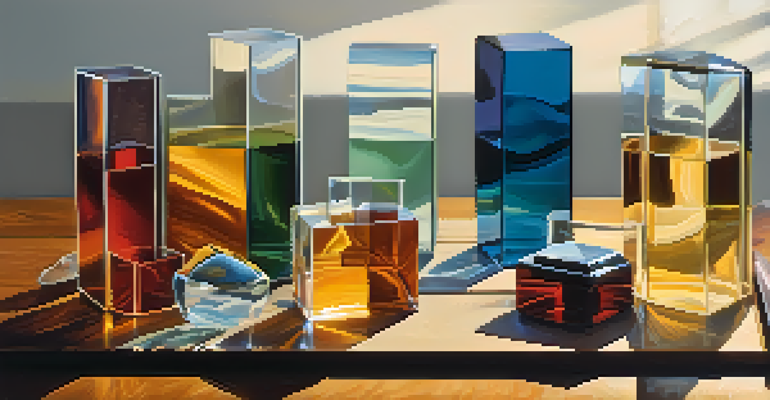 An arrangement of glass and metal slides on a wooden table, with soft shadows and warm light.