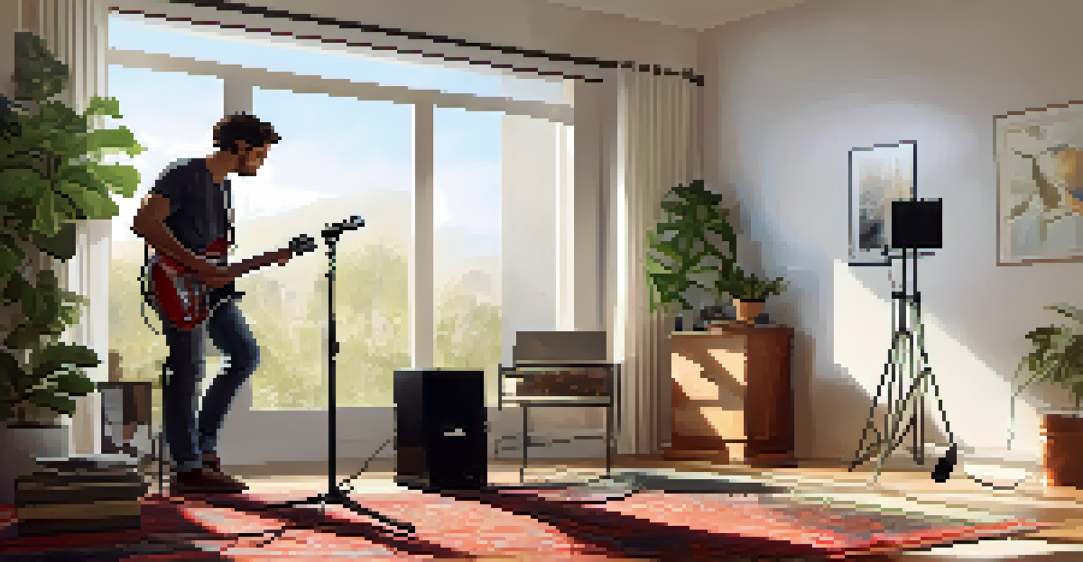 A musician adjusting microphone placement near a guitar in a bright room with sound-absorbing curtains and a thick rug, illuminated by sunlight.