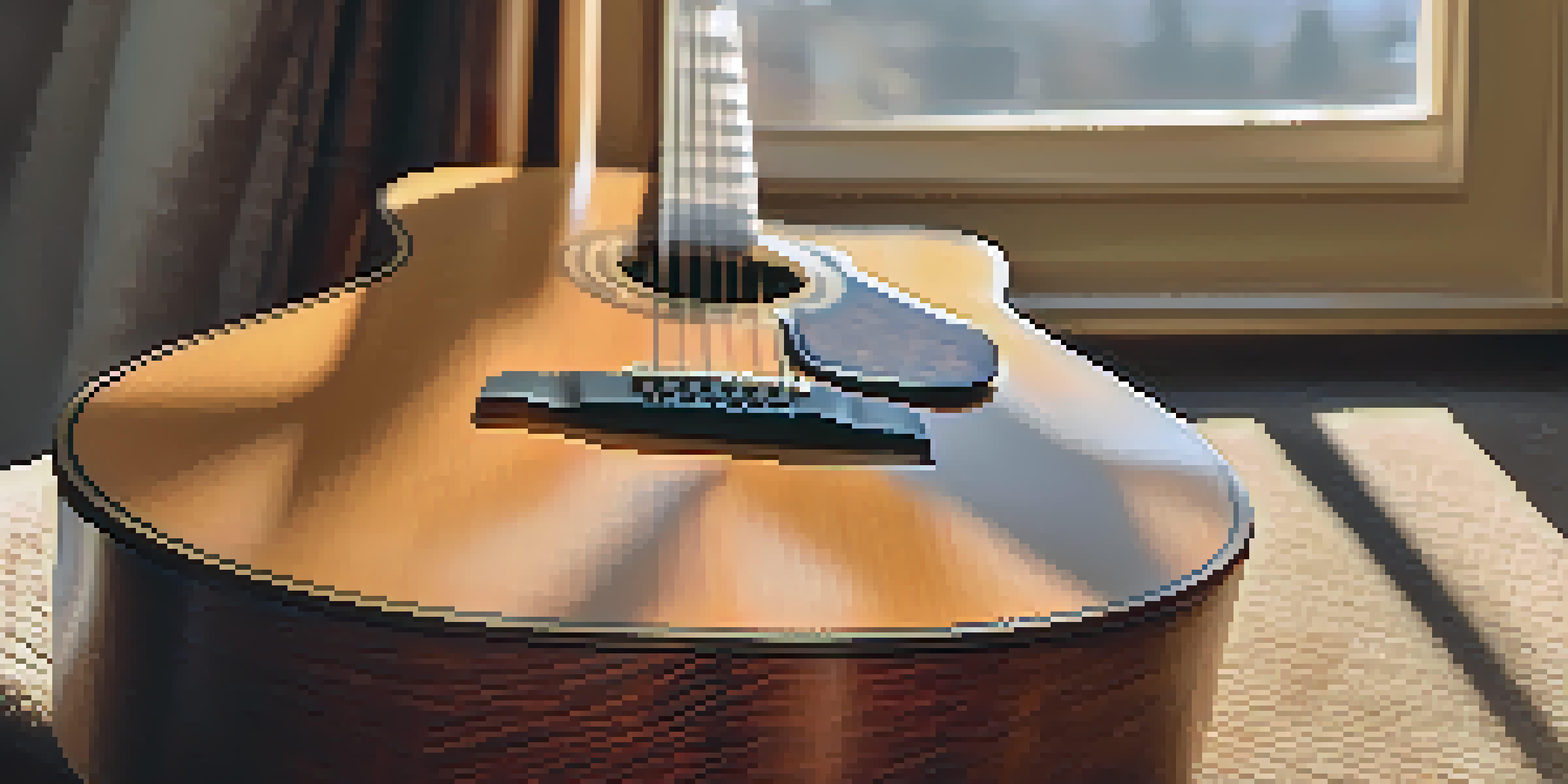 A detailed close-up of an acoustic guitar with visible wood grain patterns, set in a warmly lit music room.
