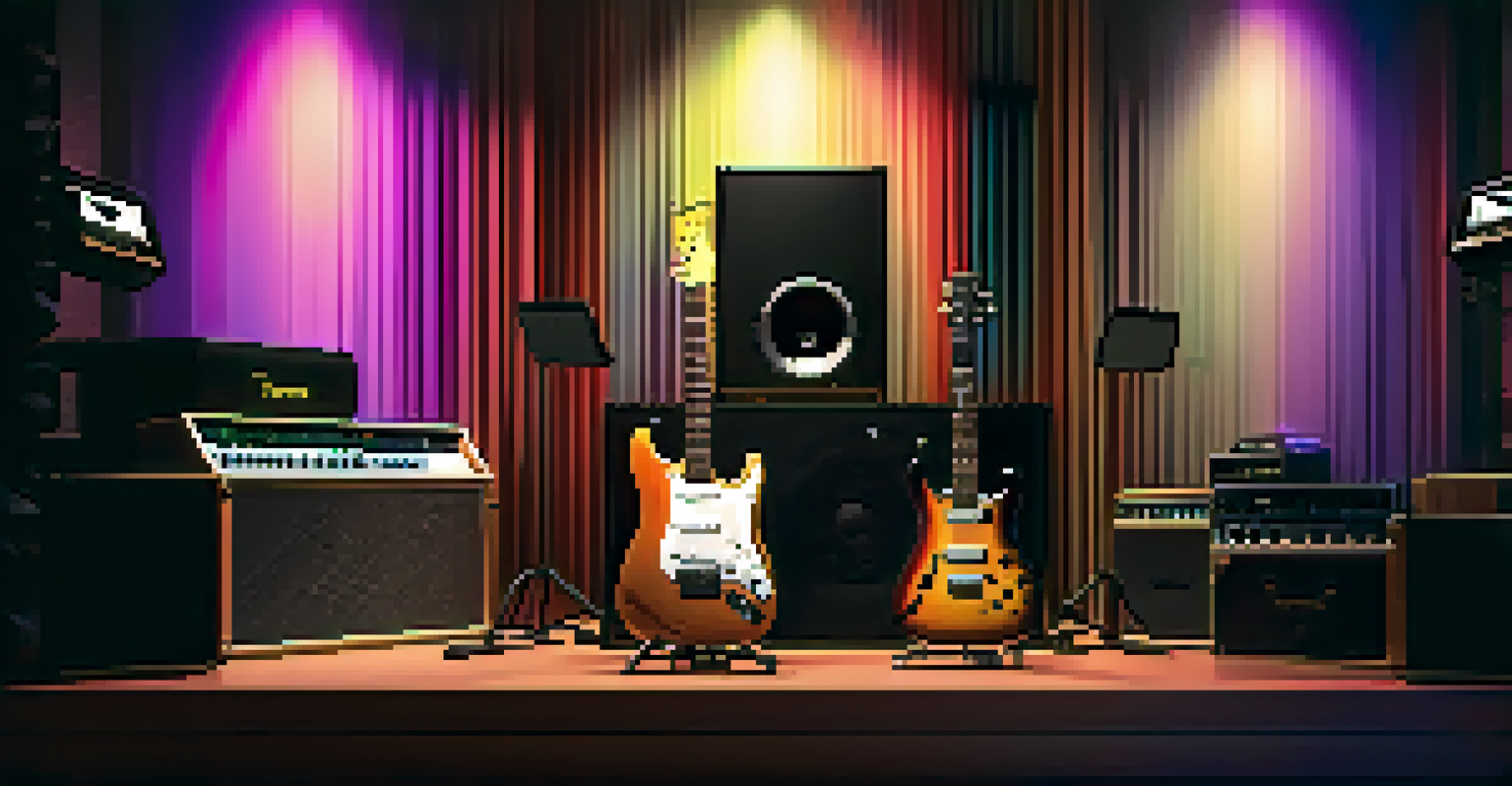 An electric guitar on a stand in a recording studio, with amplifiers and colorful LED lights around.