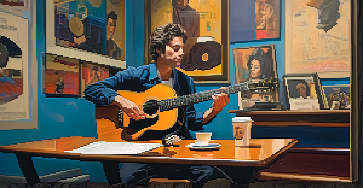 A guitarist practicing with a metronome and sheet music, surrounded by colorful posters and a coffee cup in a warmly lit room.