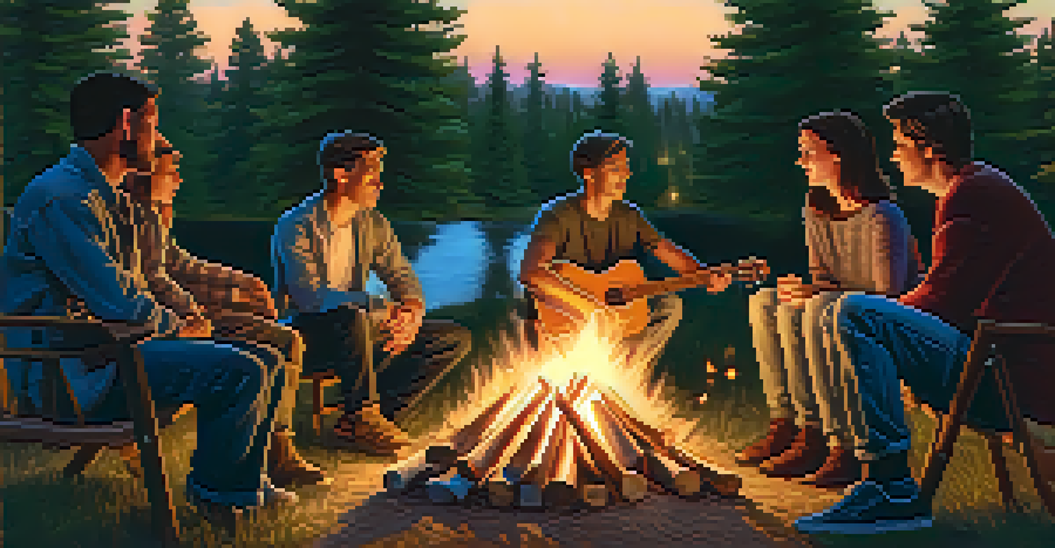 A group of friends around a campfire, with one playing acoustic guitar, surrounded by trees under a twilight sky.