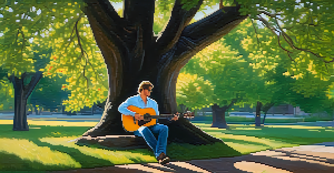 A guitarist sitting on a park bench under a tree, playing an acoustic guitar in a sunny park.