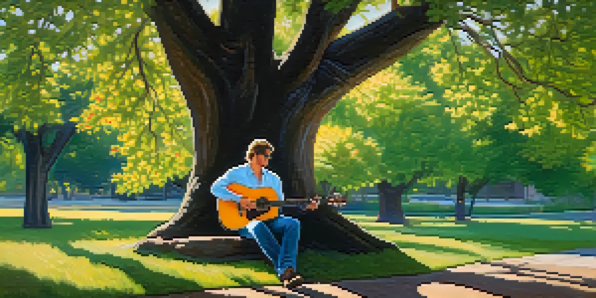 A guitarist sitting on a park bench under a tree, playing an acoustic guitar in a sunny park.