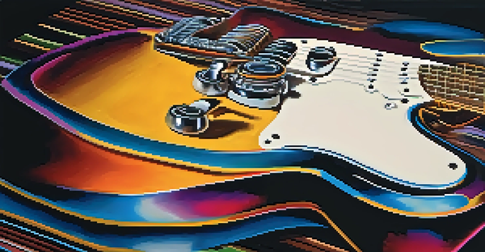 A close-up of an electric guitar with colorful strings and fretboard against a dark background, illuminated by dramatic lighting.