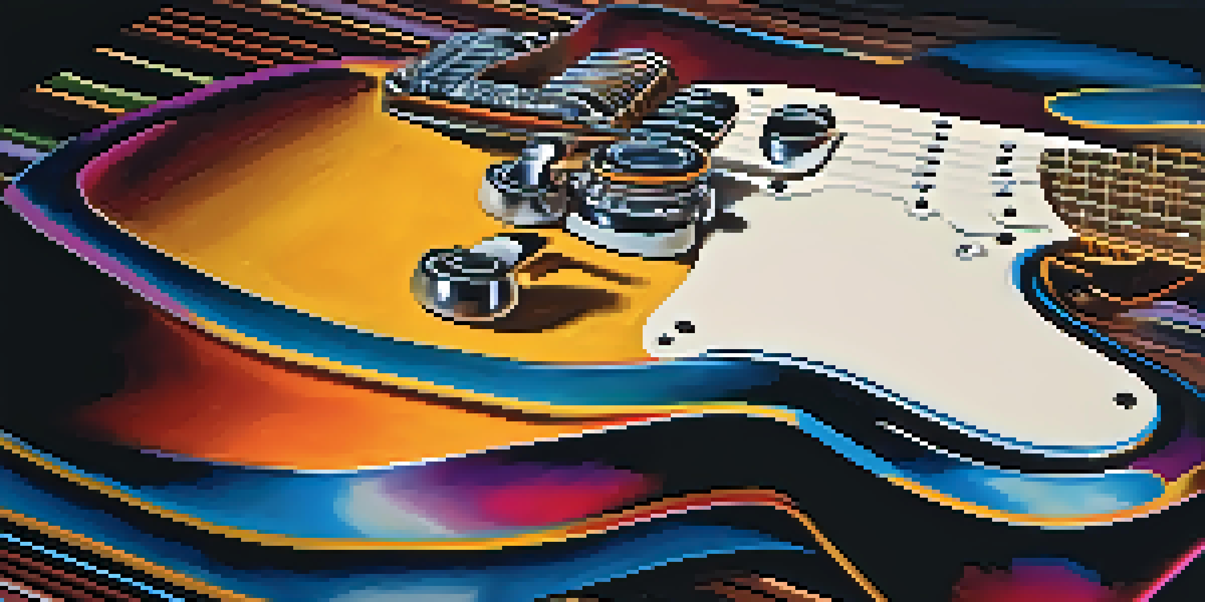 A close-up of an electric guitar with colorful strings and fretboard against a dark background, illuminated by dramatic lighting.