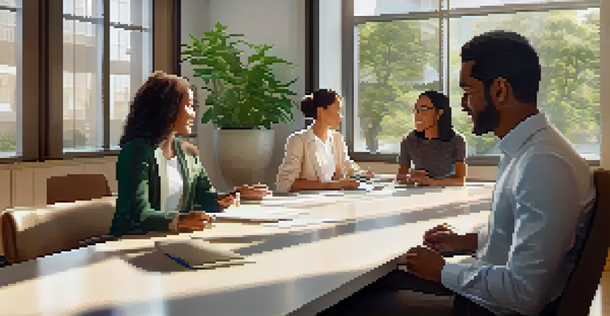 A diverse group of professionals in a bright office engaged in a constructive feedback session, sitting around a table with attentive expressions.