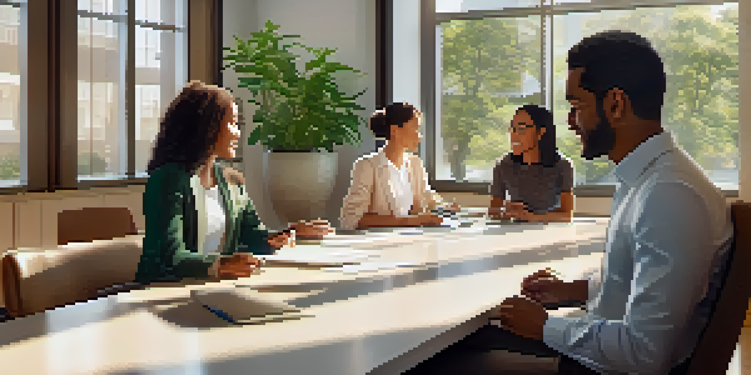 A diverse group of professionals in a bright office engaged in a constructive feedback session, sitting around a table with attentive expressions.