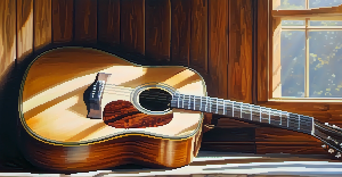 A close-up view of a rustic acoustic guitar on a wooden surface, illuminated by warm sunlight with handwritten lyrics beside it.