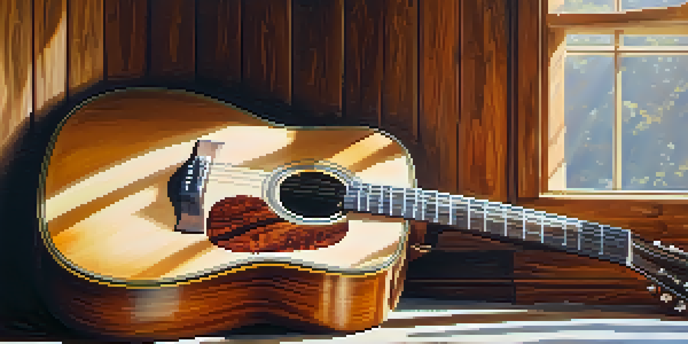 A close-up view of a rustic acoustic guitar on a wooden surface, illuminated by warm sunlight with handwritten lyrics beside it.