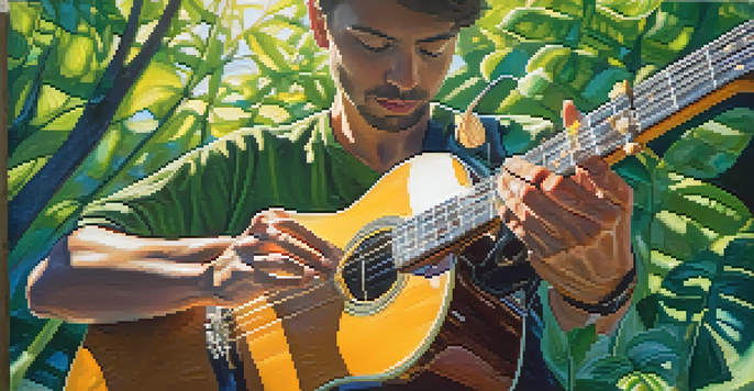 A guitarist's hands strumming a guitar in a sunlit park, with shadows on the guitar body.