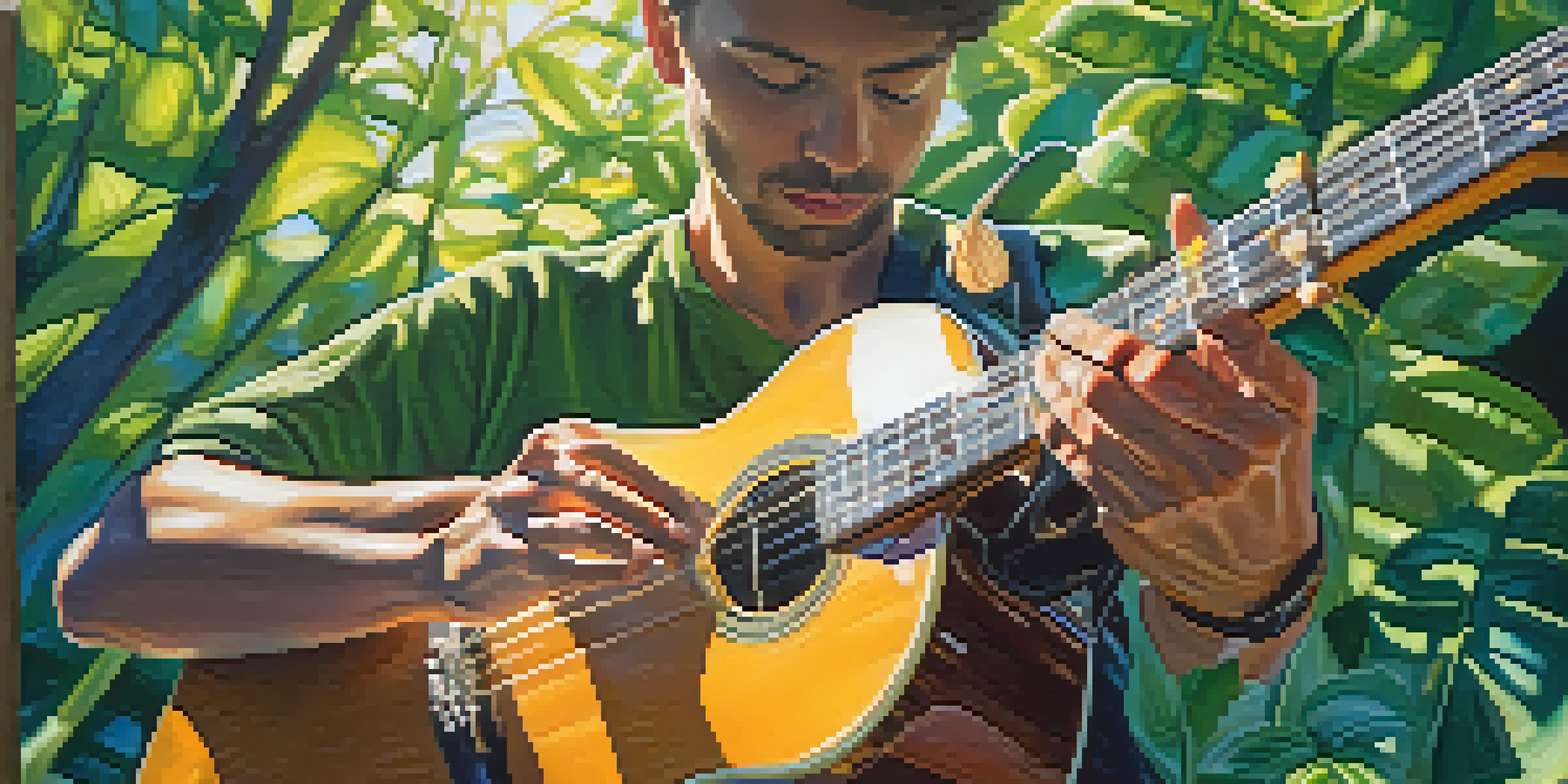 A guitarist's hands strumming a guitar in a sunlit park, with shadows on the guitar body.