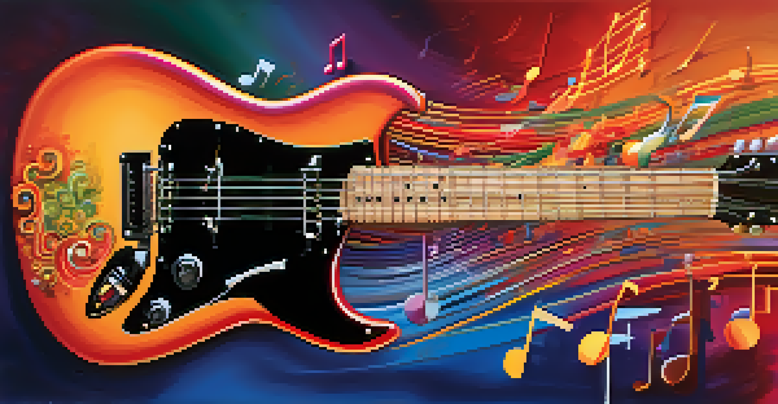 An artistic depiction of a guitar surrounded by swirling musical notes, with a vibrant gradient background reflecting musical diversity.