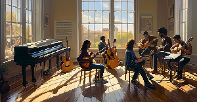 A group of diverse musicians playing guitars in a sunlit rehearsal space, with music sheets scattered around.