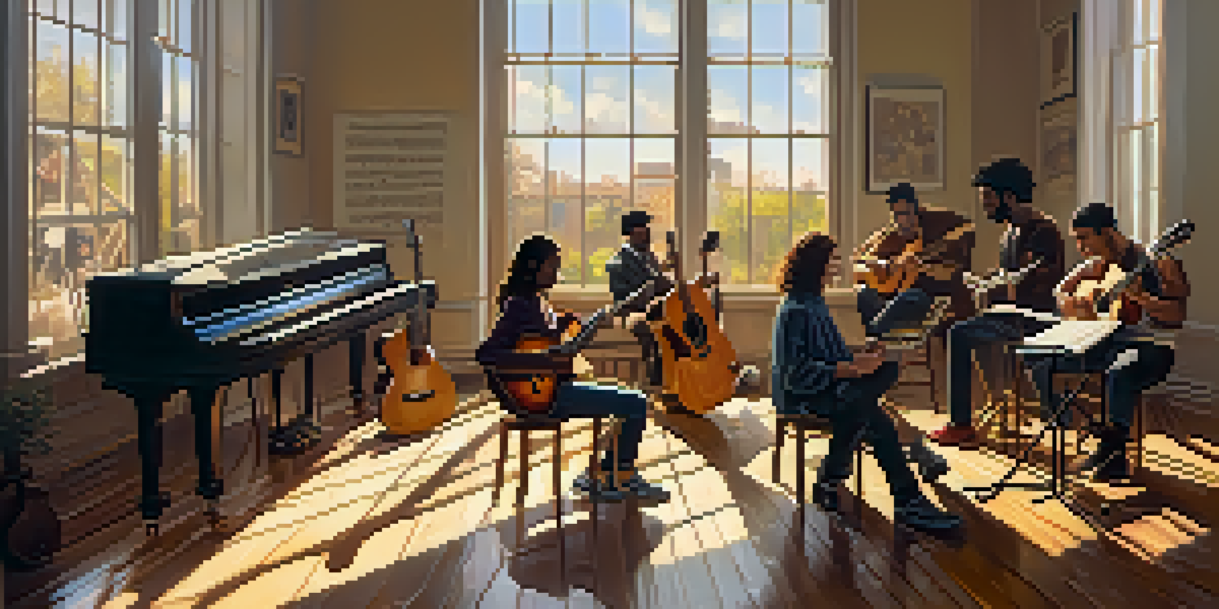 A group of diverse musicians playing guitars in a sunlit rehearsal space, with music sheets scattered around.
