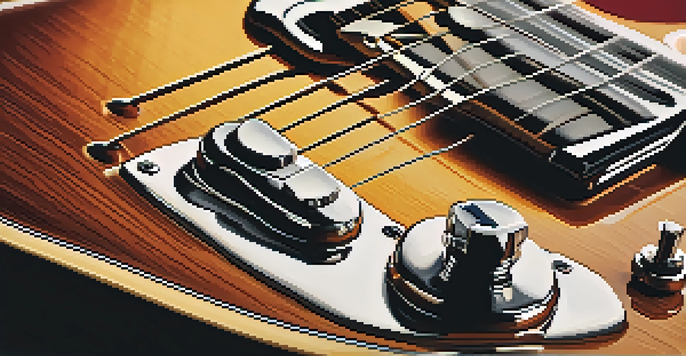 A detailed close-up of a vintage electric guitar in a warm-lit music studio.
