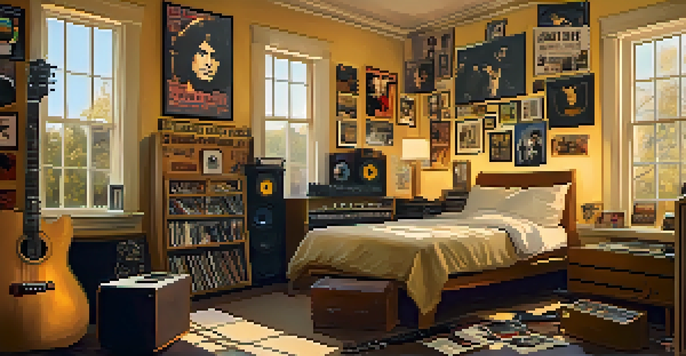 A young musician with guitars and vinyl records in a cozy bedroom, illuminated by warm sunlight.