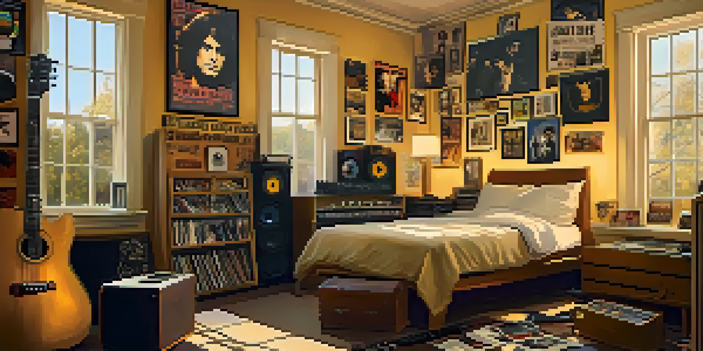 A young musician with guitars and vinyl records in a cozy bedroom, illuminated by warm sunlight.